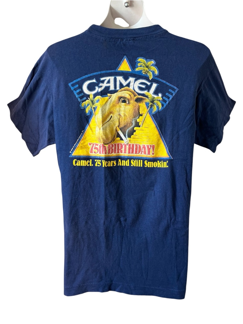 Joe Camel Cigarette Large vintage 75th birthday blue short sleeve tshirt 1988
